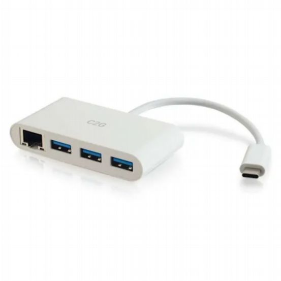 C2G USB-C® to Ethernet Adapter with 3-Port USB Hub – White