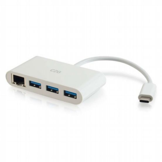 C2G USB-C to Ethernet Adapter with 3-Port USB Hub – White