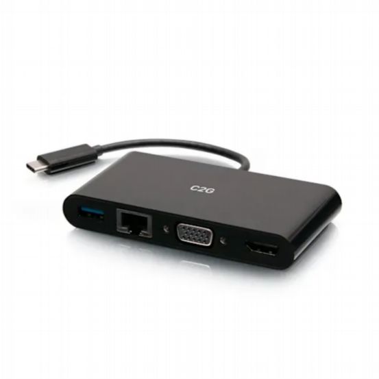 C2G USB-C® to HDMI®, VGA, USB-A, and RJ45 Multiport Adapter – 4K 30Hz – Black