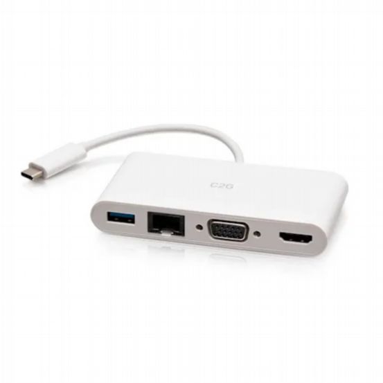 C2G USB-C® to HDMI®, VGA, USB-A, and RJ45 Multiport Adapter – 4K 30Hz – White