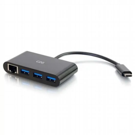 C2G USB-C to Ethernet Adapter with 3-Port USB Hub – Black