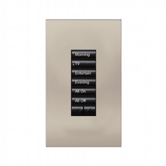 Lutron HomeWorks® QS Wired seeTouch® Architectural Keypad – Non-Insert Style 6 Button with Raise/Lower Keypad - Bright Nickel