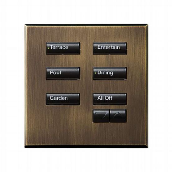 Lutron Wired International seeTouch® Keypad – 6 Button with Raise/Lower (Non-Insert) – Antique Brass