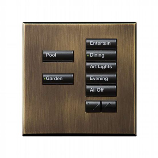 Lutron Wired International seeTouch® Keypads – Non-Insert Style 7 Button with Raise/Lower - Antique Brass