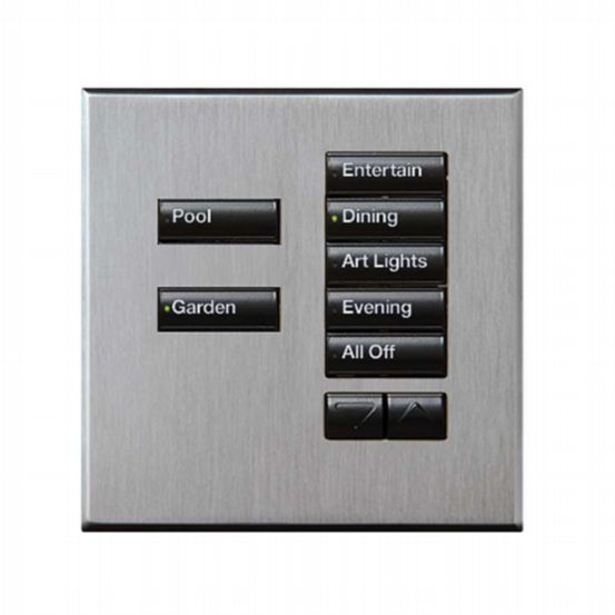 Lutron Wired International seeTouch® Keypad – 7 Button with Raise/Lower (Non-Insert) – Satin Chrome