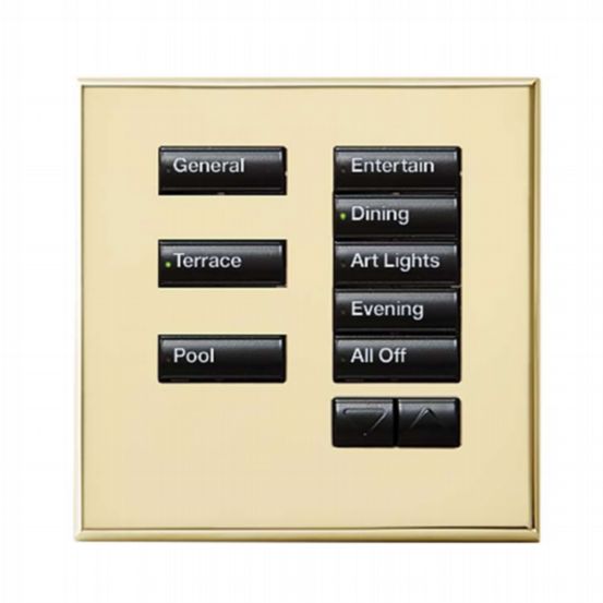 Lutron Wired International seeTouch® Keypad – 8 Button with Raise/Lower (Non-Insert) – Bright Brass