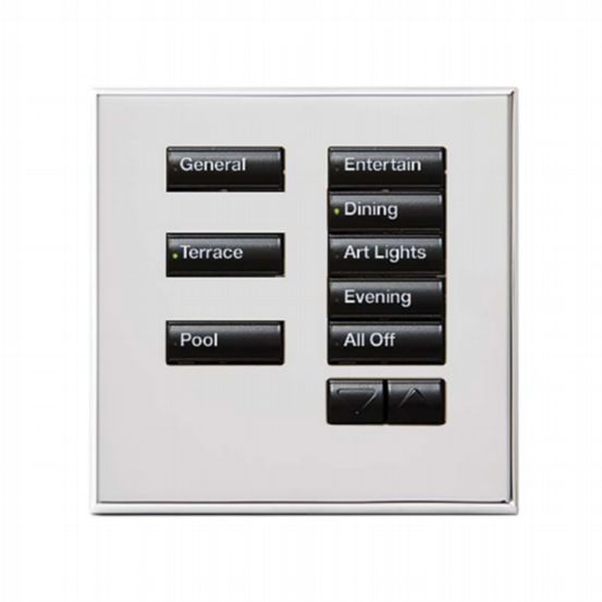 Lutron Wired International seeTouch® Keypad – 8 Button with Raise/Lower (Non-Insert) – Bright Chrome