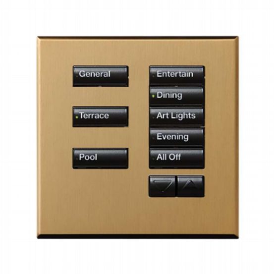 Lutron Wired International seeTouch® Keypad – 8 Button with Raise/Lower (Non-Insert) – Satin Brass