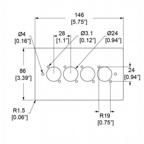 Penn Elcom Double Gang Plate Black Punched for 4 x XLR Rounded Corners